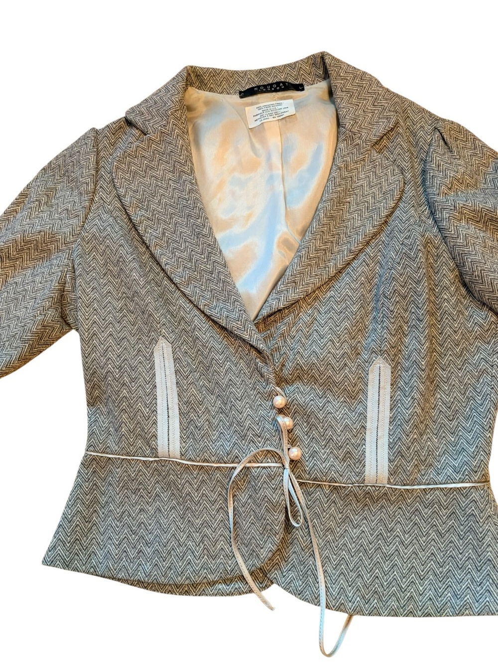 Nougat London Taupe Herringbone Peplum Blazer with Pearl Buttons
